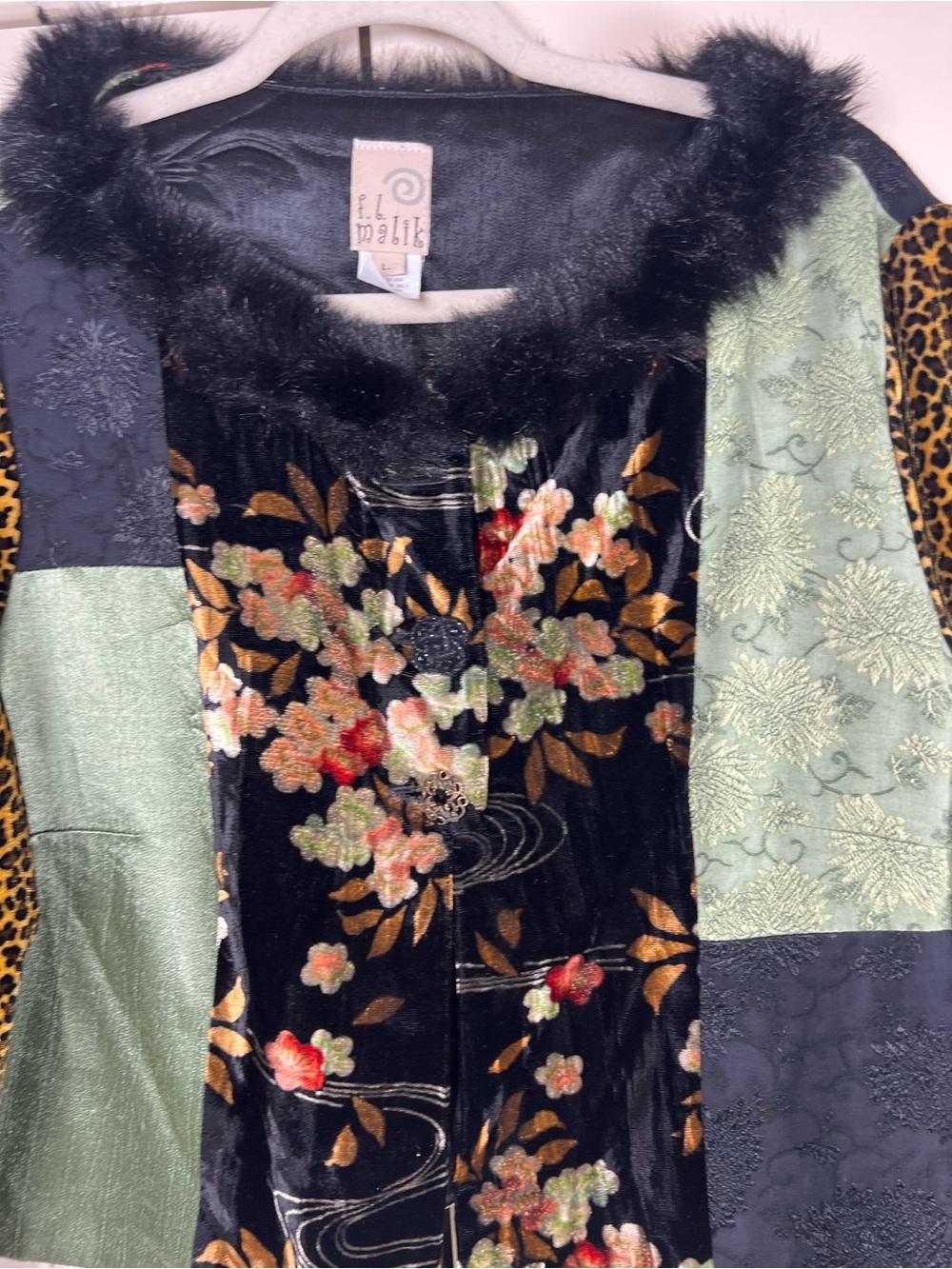 VTG F.L. Malik Velvet Patchwork Faux Fur Statement Jacket Coquette Whimsigoth L - Picture 2 of 8